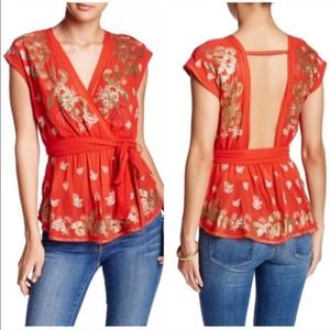Free People orange and gold tie waist top in sz S